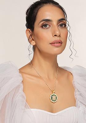 Green Gold Tone Meenakari Kundan Pendant Necklace