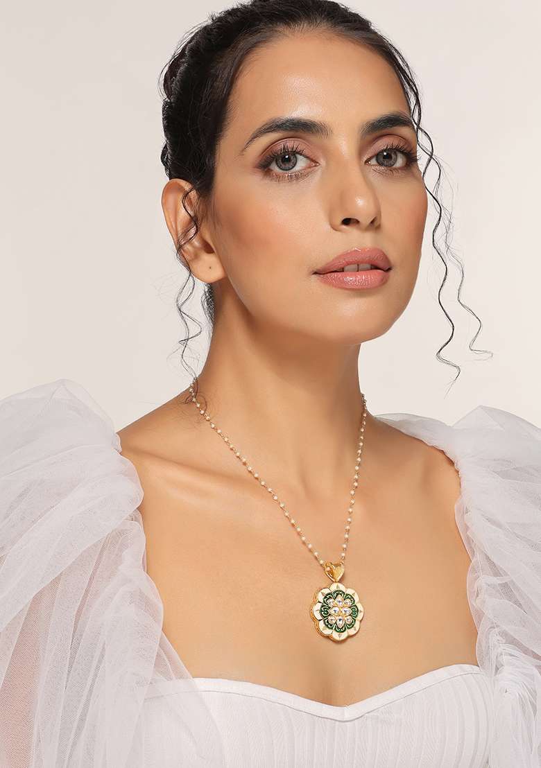Green Gold Tone Meenakari Kundan Pendant Necklace - Indya