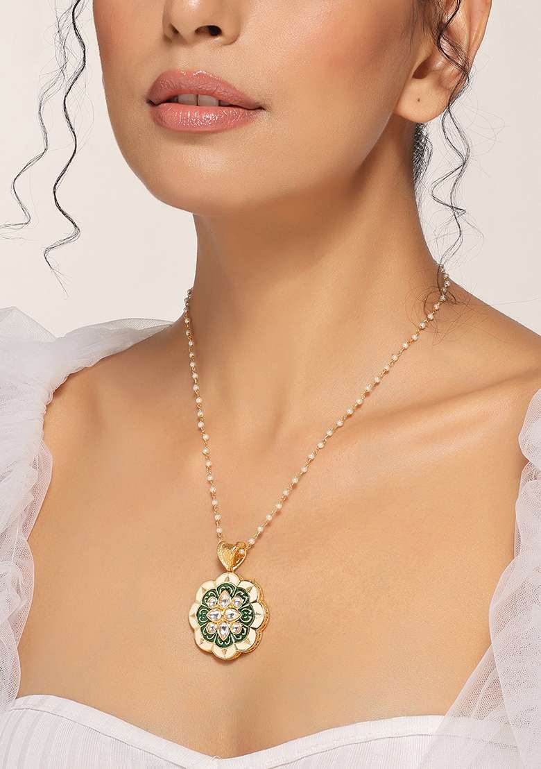 Green Gold Tone Meenakari Kundan Pendant Necklace - Indya