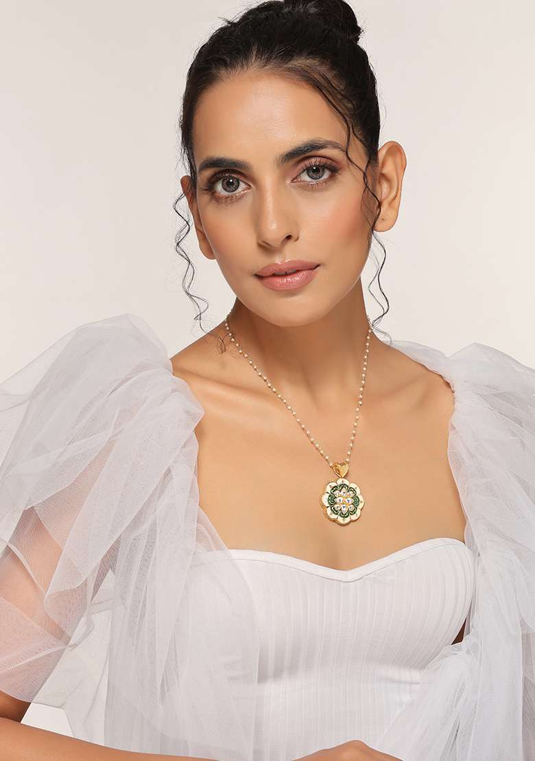Green Gold Tone Meenakari Kundan Pendant Necklace - Indya
