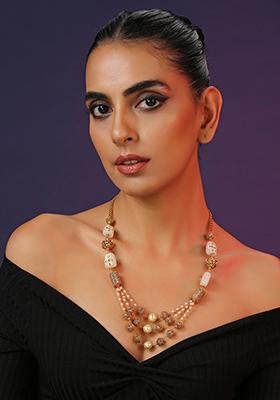 Gold Finish Grey Stone Brass Layered Necklace