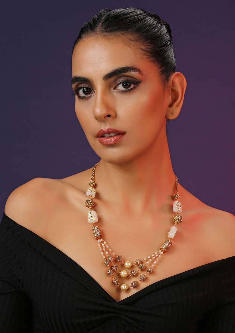 Gold Finish Grey Stone Brass Layered Necklace - Indya