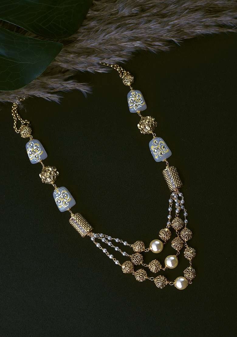 Gold Finish Grey Stone Brass Layered Necklace - Indya
