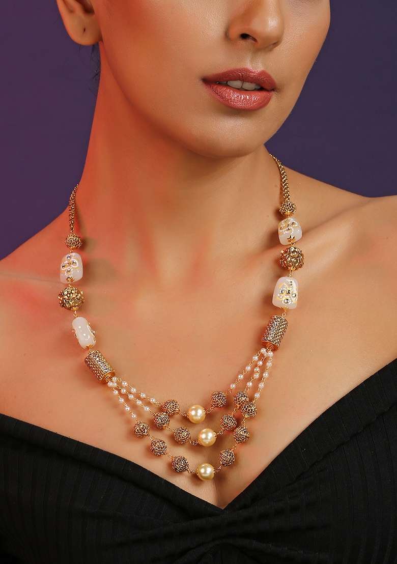 Gold Finish Grey Stone Brass Layered Necklace - Indya