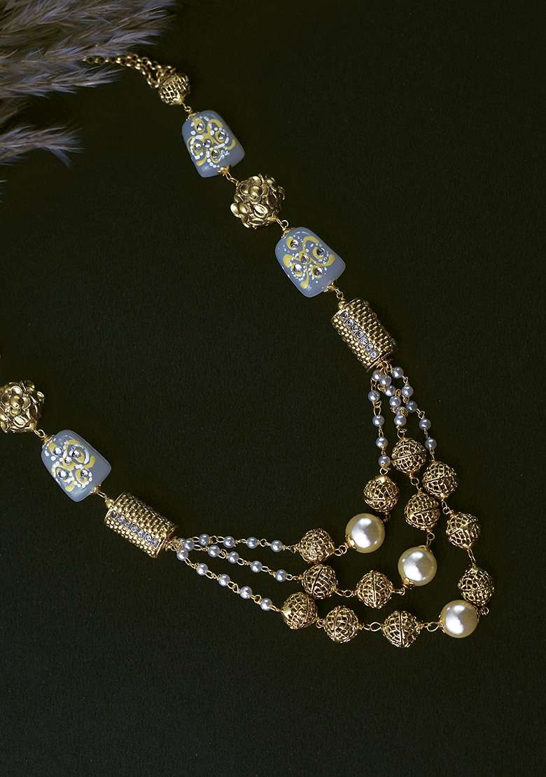 Gold Finish Grey Stone Brass Layered Necklace - Indya
