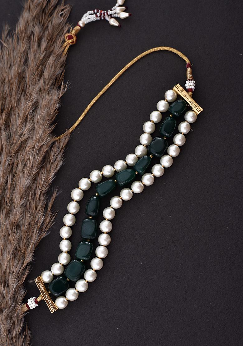 Green And White Pearl Choker Necklace - Indya