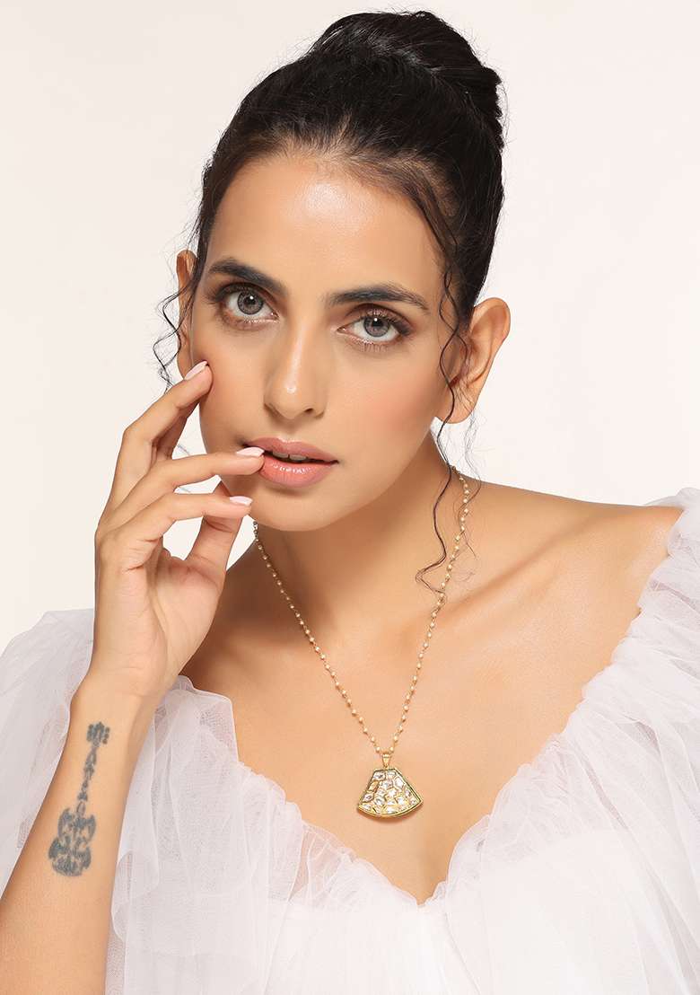 Gold Finish Polki Pendant Necklace - Indya