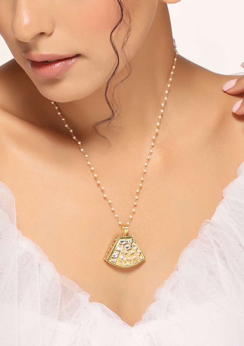 Gold Finish Polki Pendant Necklace - Indya
