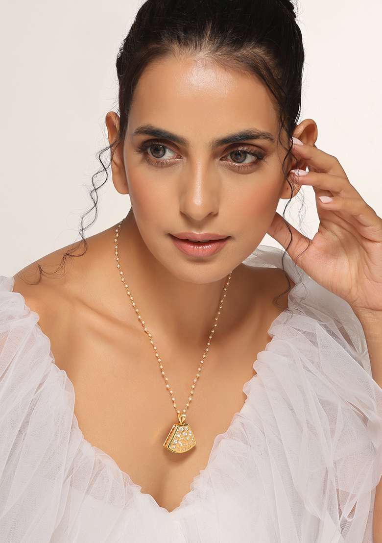 Gold Finish Polki Pendant Necklace - Indya