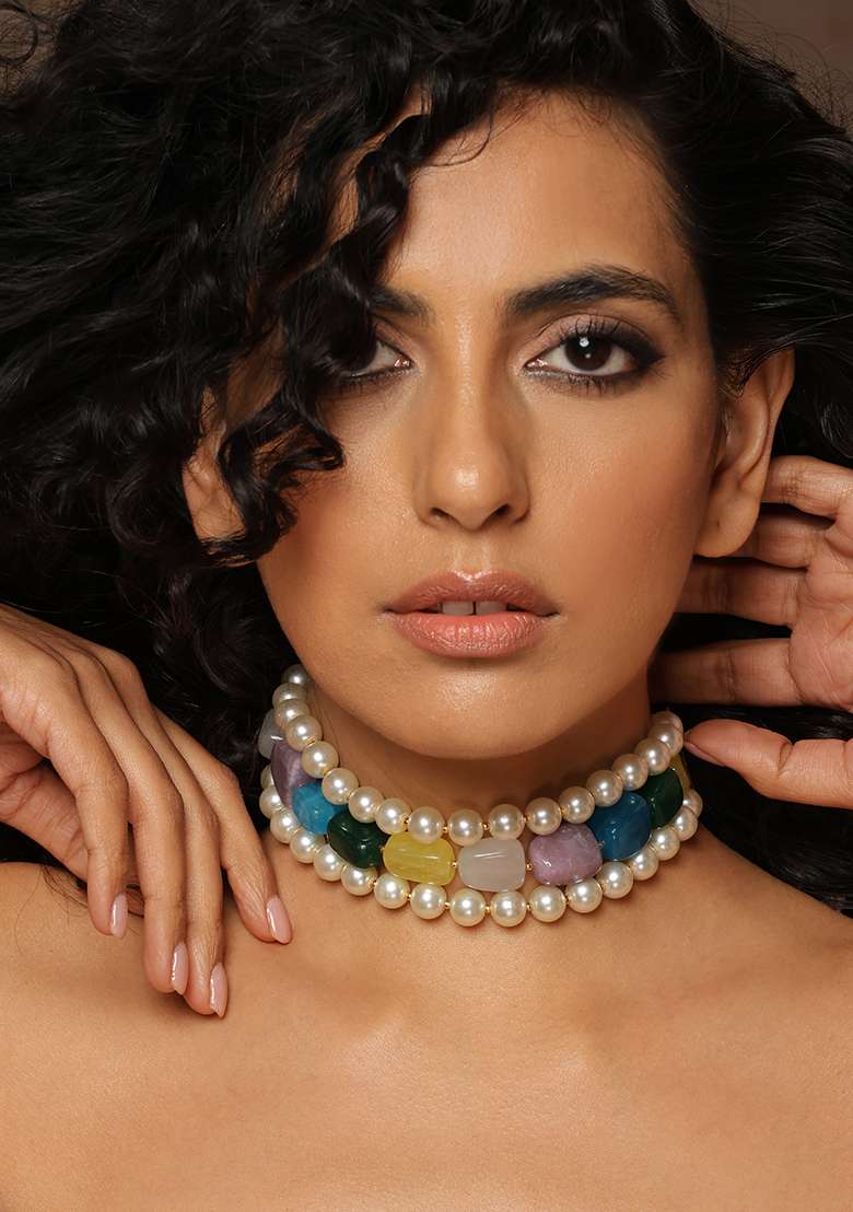 Multicolour Gold Tone Pearl Choker Necklace - Indya