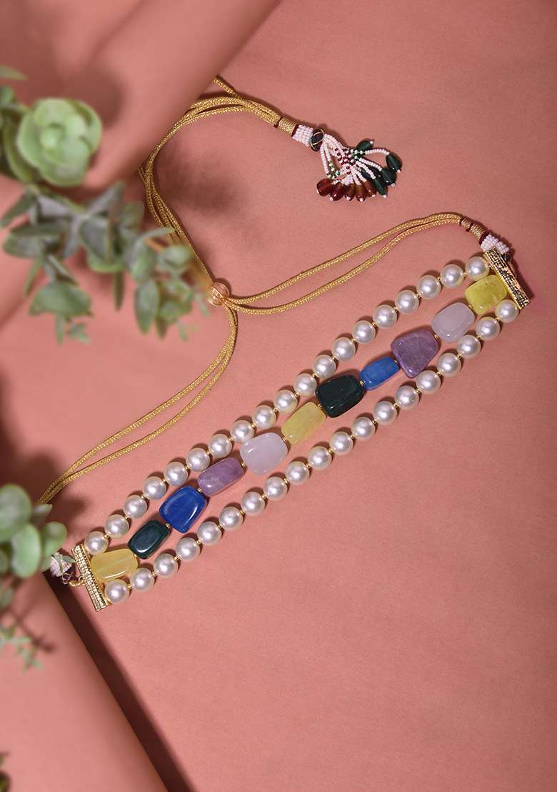 Multicolour Gold Tone Pearl Choker Necklace - Indya