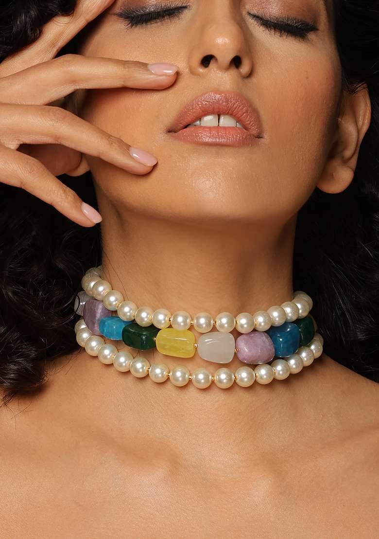 Multicolour Gold Tone Pearl Choker Necklace - Indya