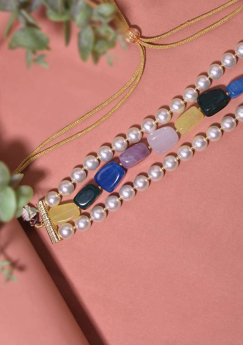 Multicolour Gold Tone Pearl Choker Necklace - Indya