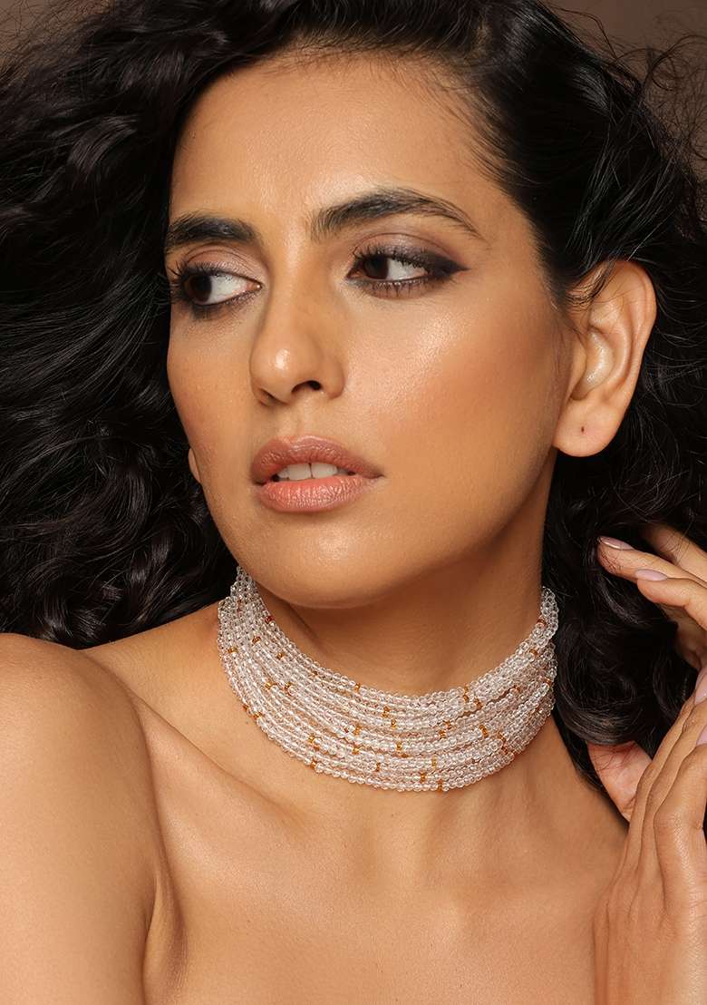 White Gold Tone Beaded Choker Necklace - Indya
