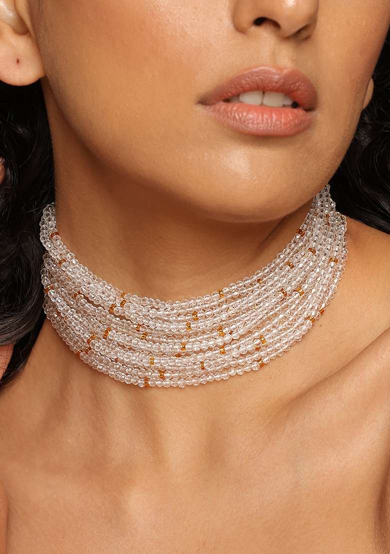 White Gold Tone Beaded Choker Necklace - Indya
