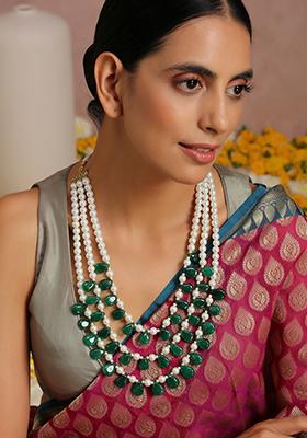 Dark Green And White Pearl Layered Necklace