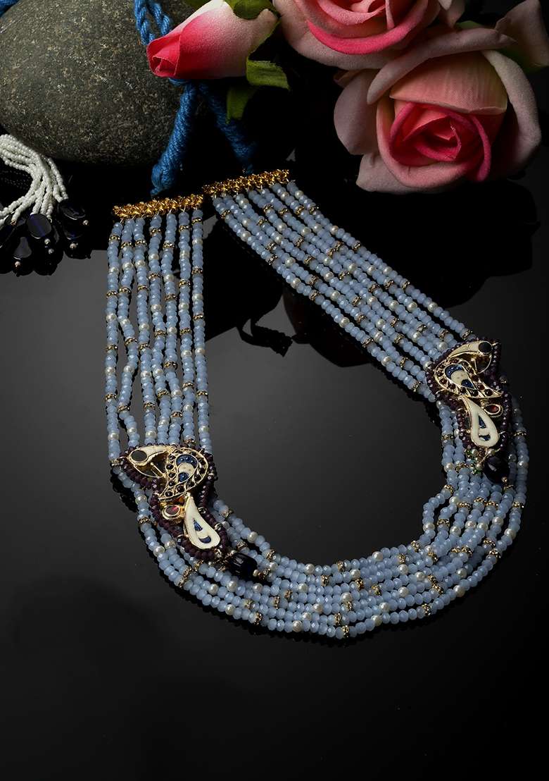 Blue And Maroon Pearl Layered Necklace - Indya