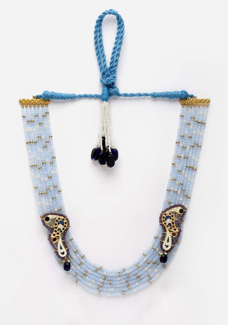 Blue And Maroon Pearl Layered Necklace - Indya