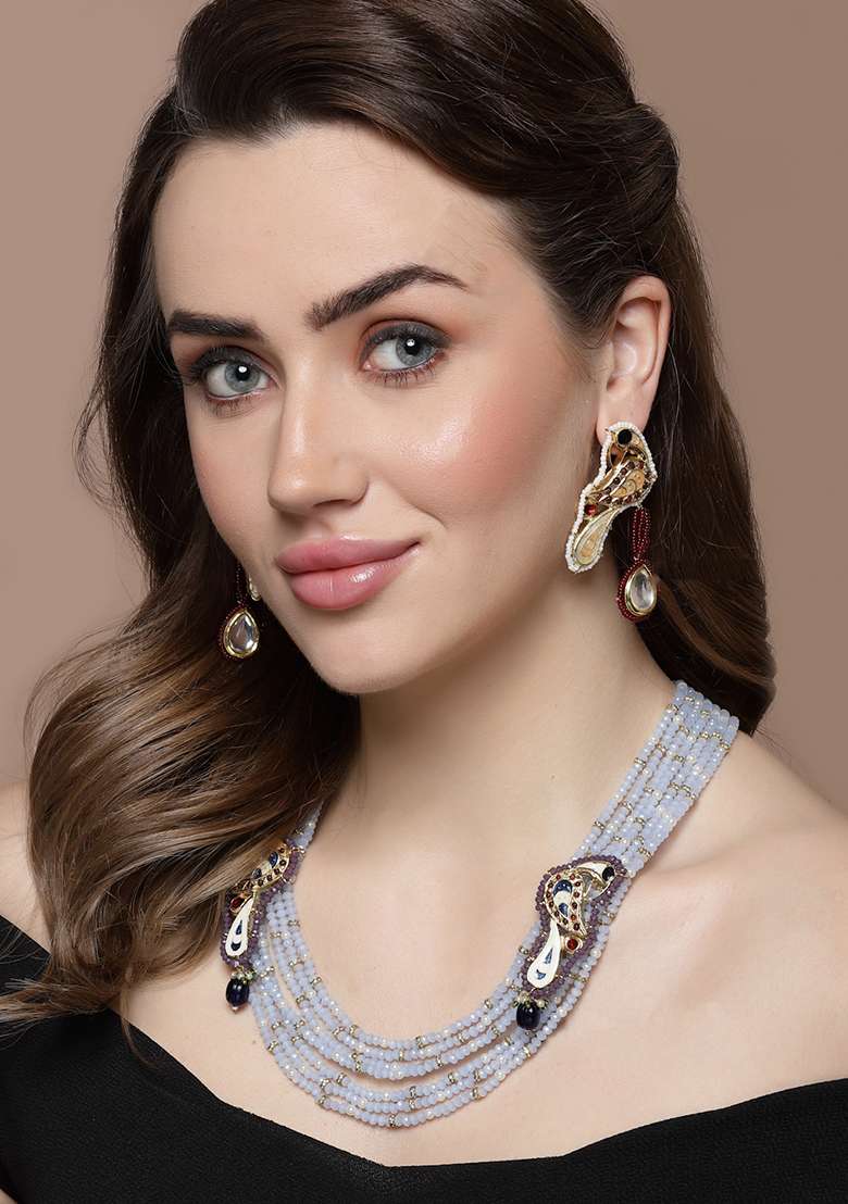 Blue And Maroon Pearl Layered Necklace - Indya