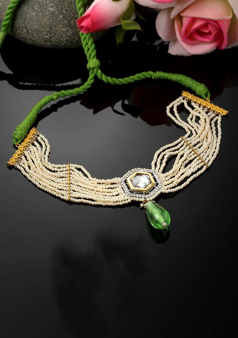 Green And Ivory Kundan Layered Necklace - Indya