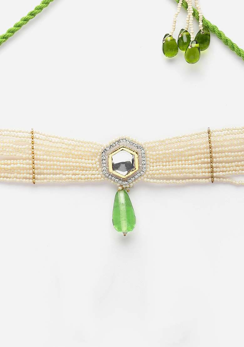 Green And Ivory Kundan Layered Necklace - Indya