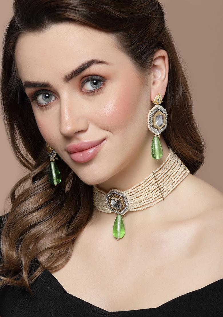 Green And Ivory Kundan Layered Necklace