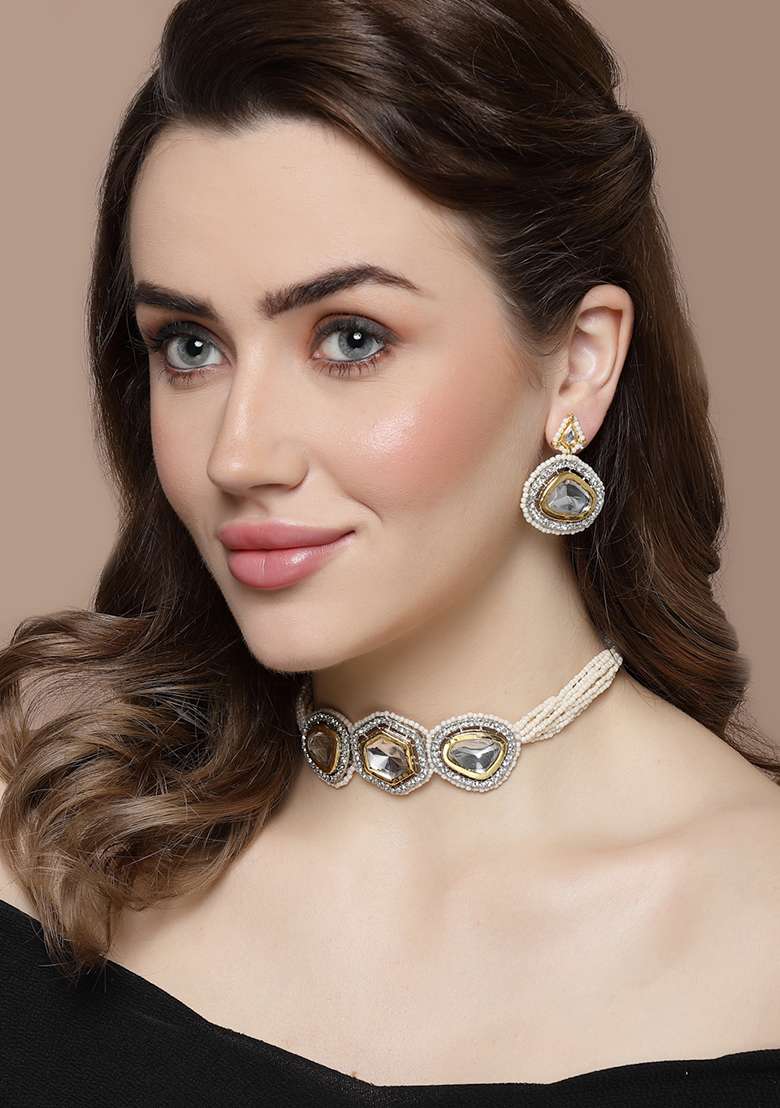 Silver Zirconia And Kundan Choker Necklace - Indya