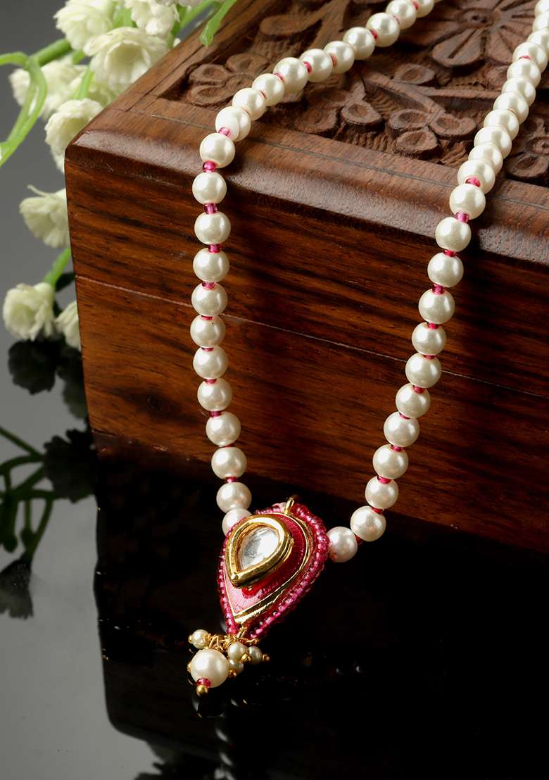 Pink And Gold Pearl Kundan Necklace - Indya