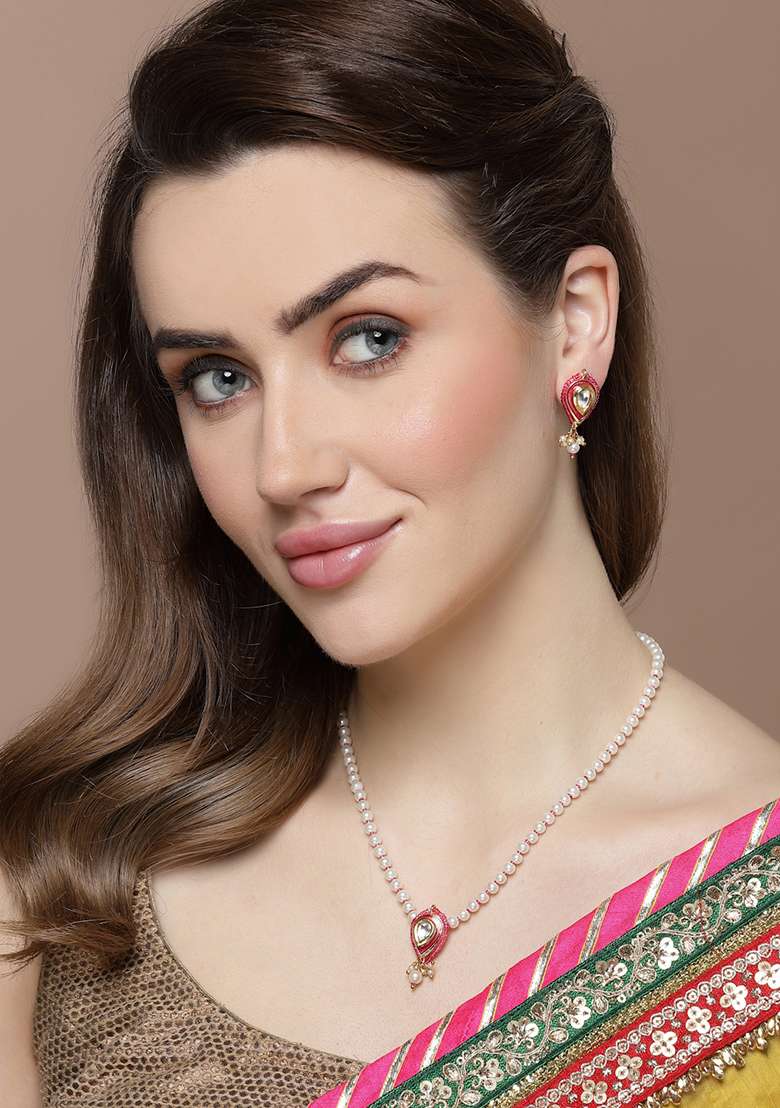 Pink And Gold Pearl Kundan Necklace - Indya