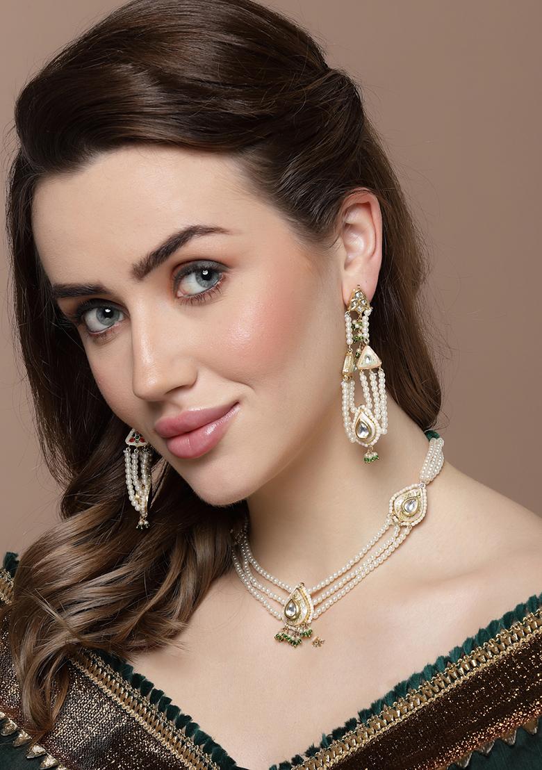 Ivory And Green Pearl Kundan Necklace - Indya