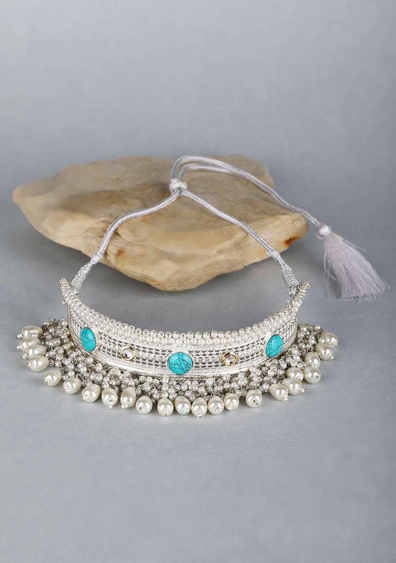 Silver Finish White Bead Necklace - Indya