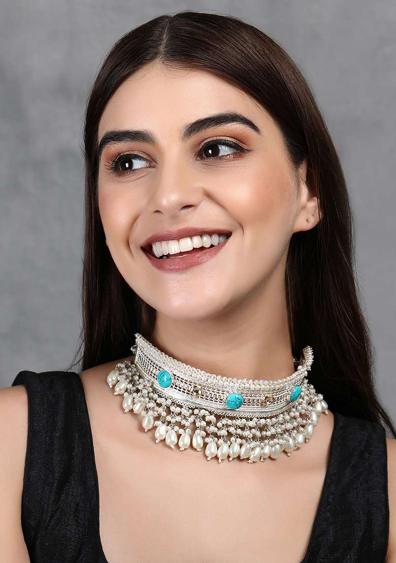Silver Finish White Bead Necklace - Indya