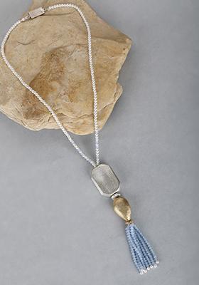 Silver Tone Light Blue Beaded Long Necklace