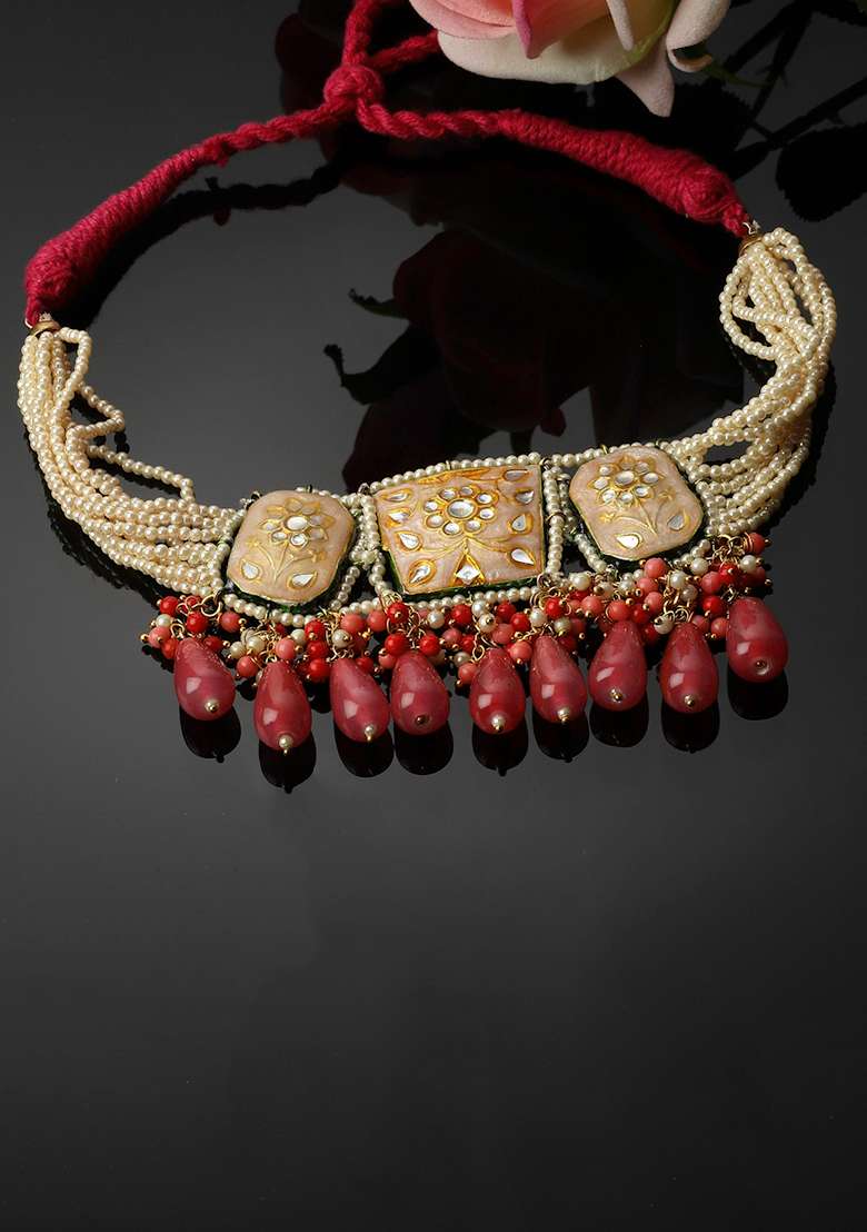 Peach And Pink Kundan Pearl Choker Necklace - Indya