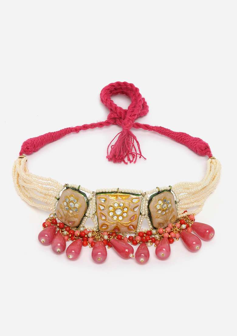 Peach And Pink Kundan Pearl Choker Necklace - Indya