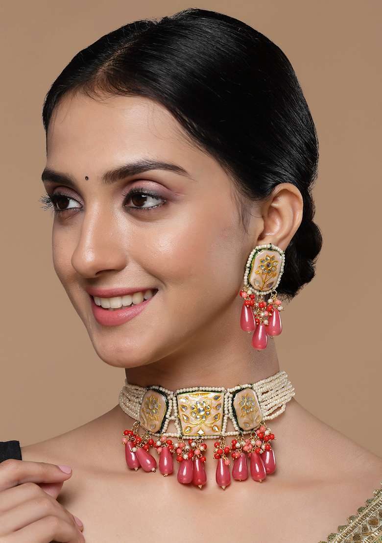 Peach And Pink Kundan Pearl Choker Necklace - Indya