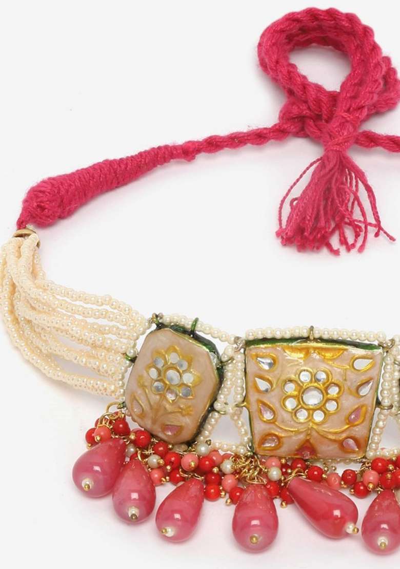 Peach And Pink Kundan Pearl Choker Necklace - Indya