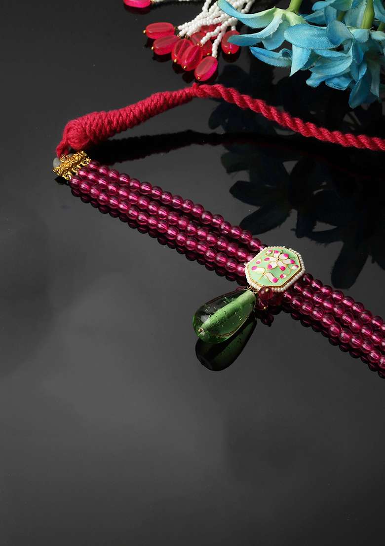 Pink And Green Stone Pearl Choker Necklace - Indya