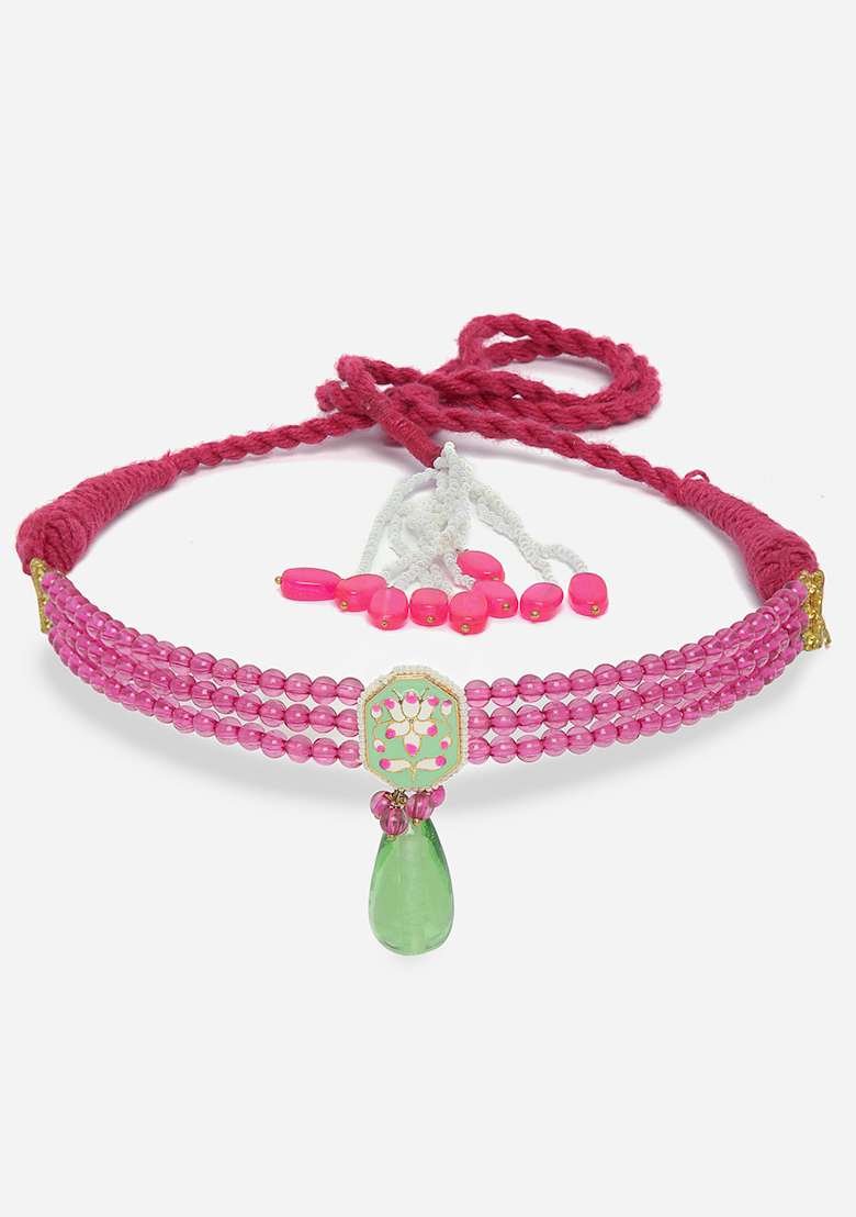 Pink And Green Stone Pearl Choker Necklace - Indya