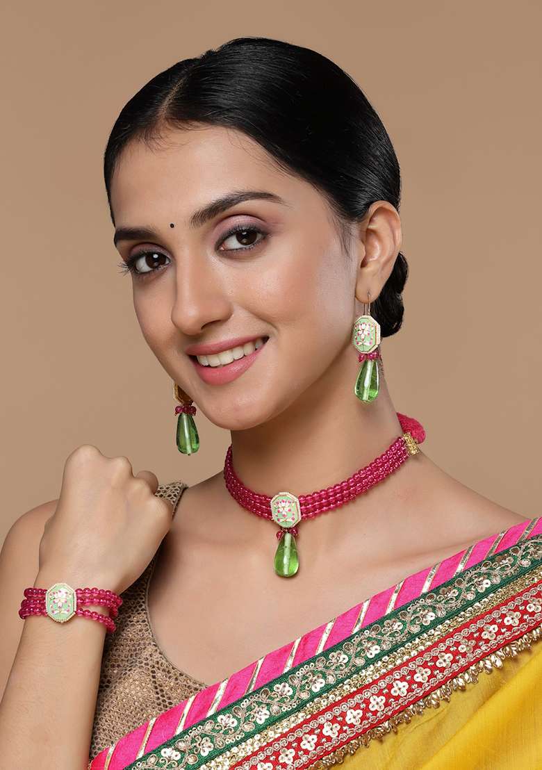 Pink And Green Stone Pearl Choker Necklace - Indya