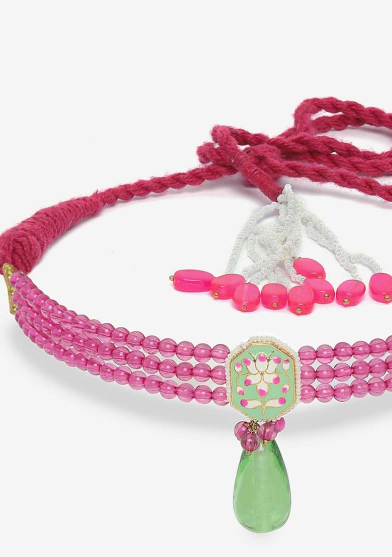 Pink And Green Stone Pearl Choker Necklace - Indya