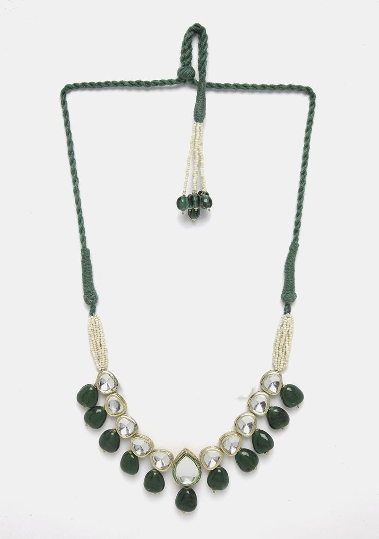 Gold Finish Green Kundan Necklace - Indya