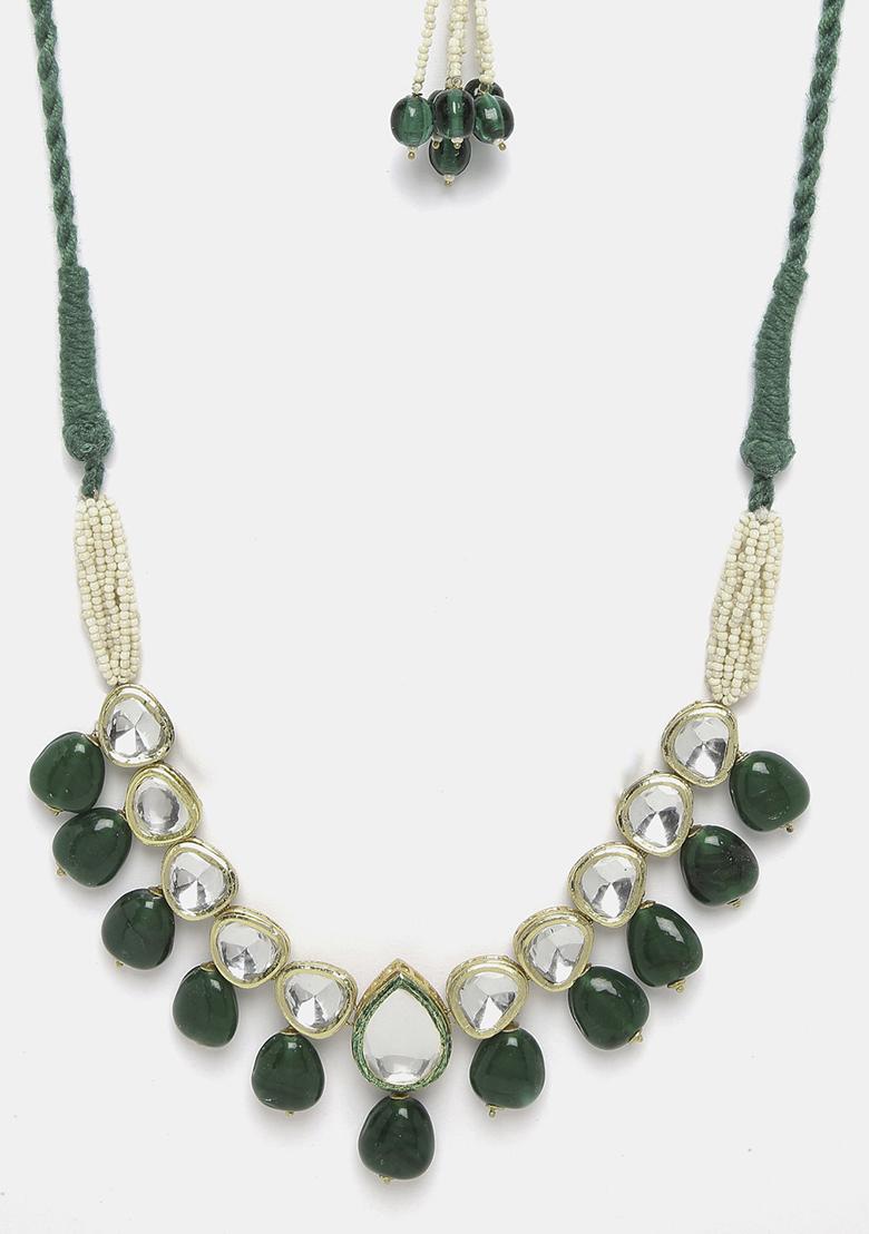 Gold Finish Green Kundan Necklace - Indya