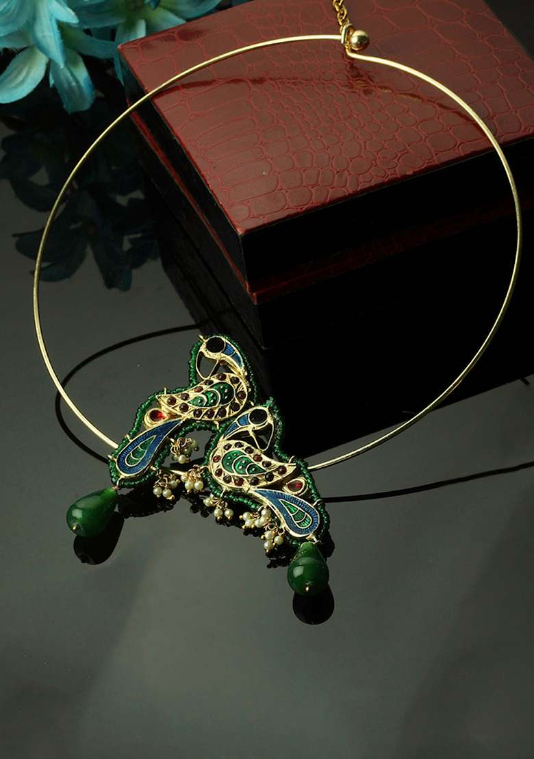 Blue And Green Peacock Motif Kundan Necklace - Indya