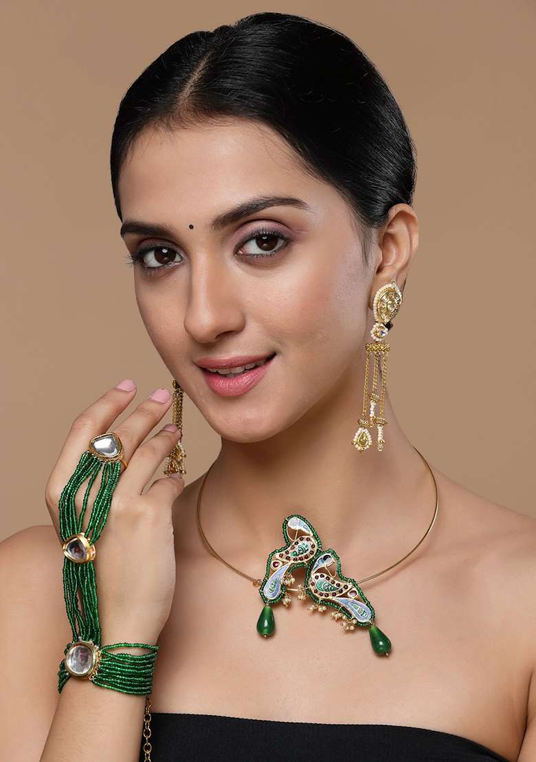 Blue And Green Peacock Motif Kundan Necklace - Indya