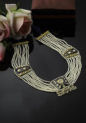Gold Finish Blue Pearl Kundan Necklace