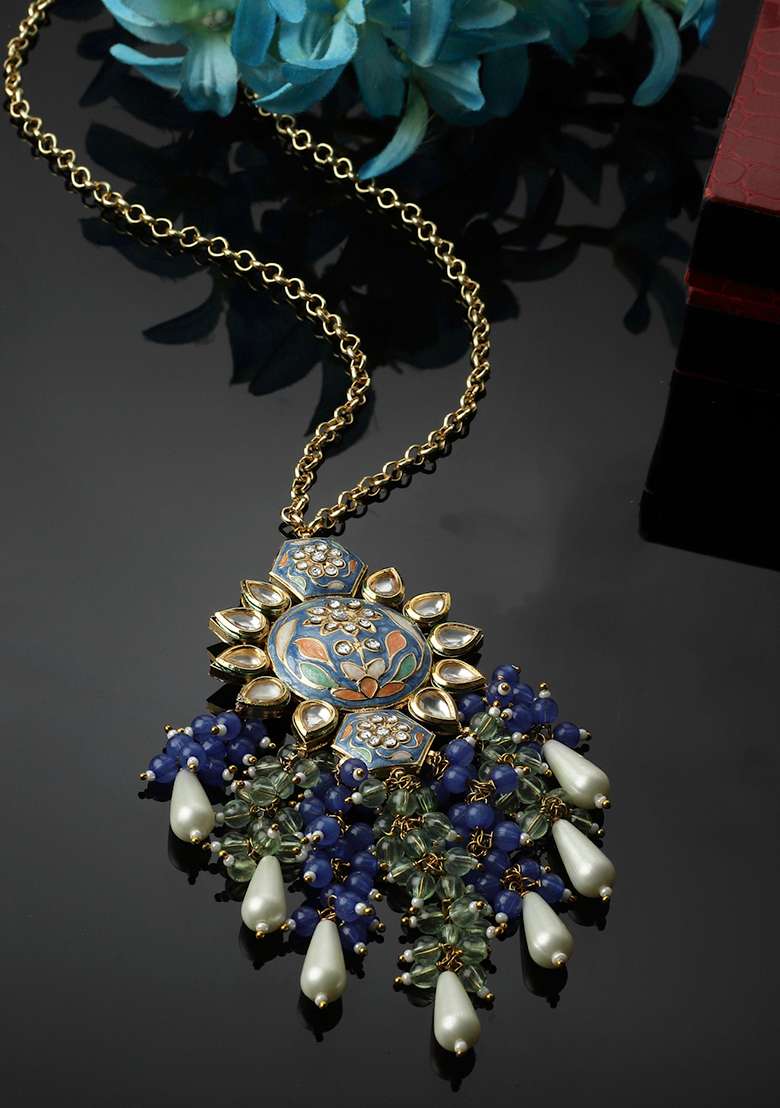 Blue And Green Kundan Pearl Pendant Necklace - Indya