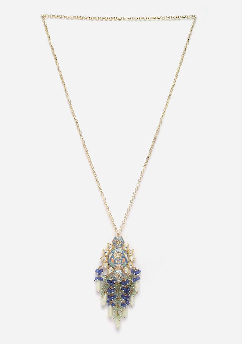 Blue And Green Kundan Pearl Pendant Necklace - Indya