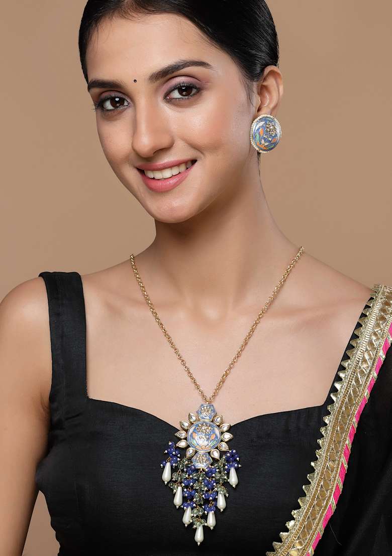 Blue And Green Kundan Pearl Pendant Necklace - Indya