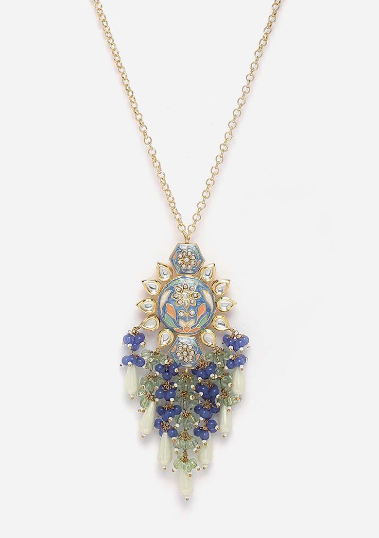 Blue And Green Kundan Pearl Pendant Necklace - Indya